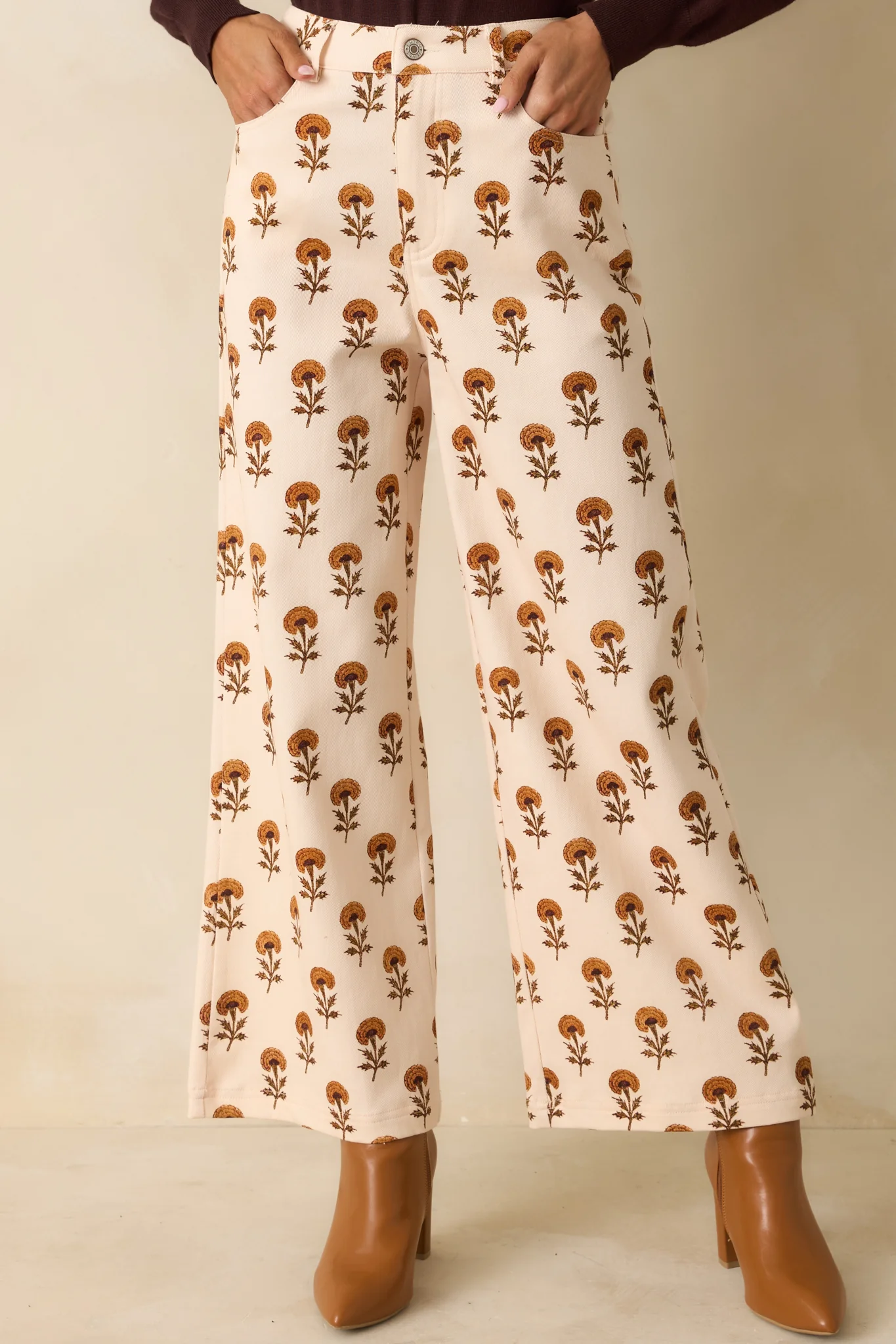 Marigold Muse Ivory Multi Floral Print Cotton Wide Leg Pants