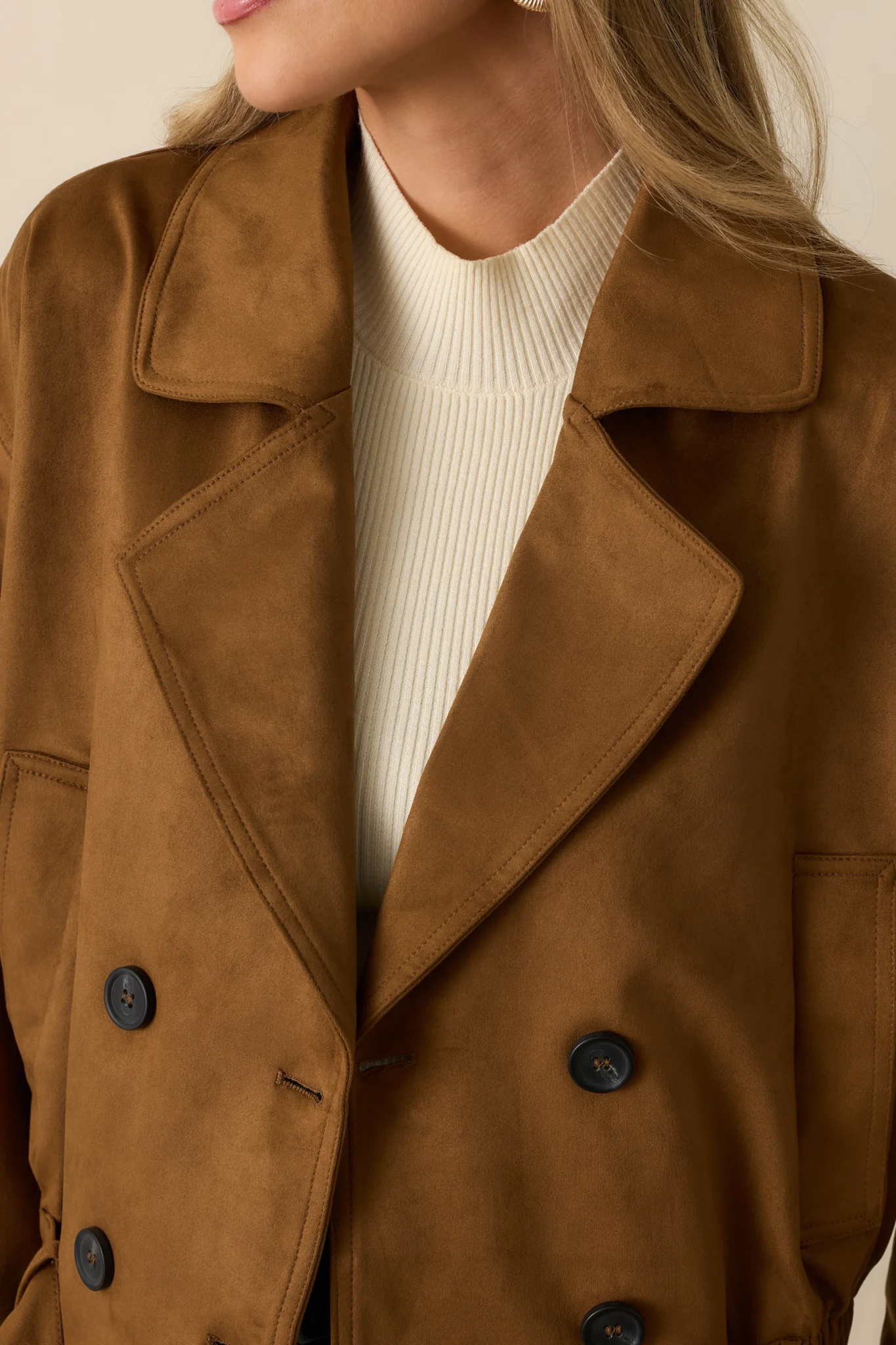 Soft Focus Camel Brown Faux Suede Cropped Trench Coat 2