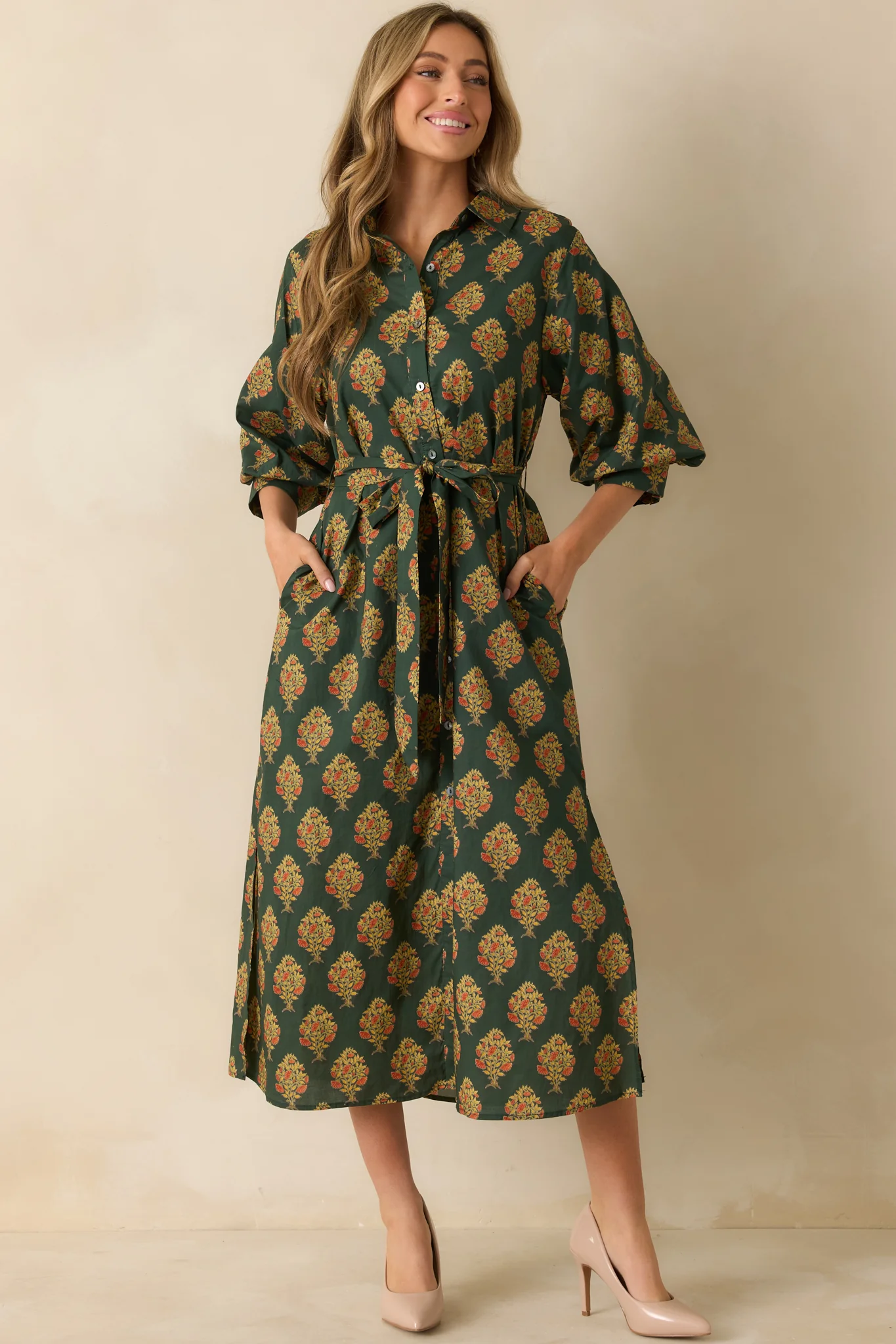 Vintage Bloom Dark Green Multi Floral Print Cotton Maxi Dress