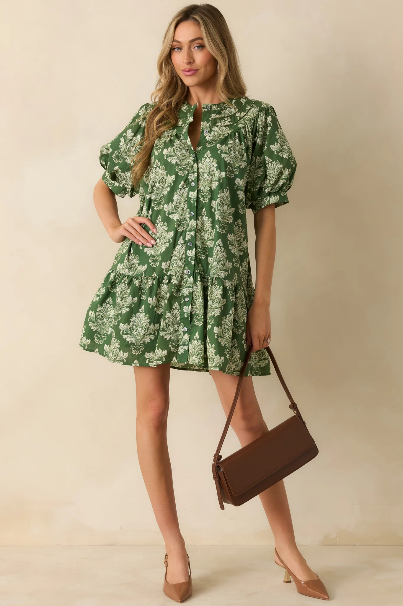 Heirloom Grace Green Damask Print Cotton Mini Dress