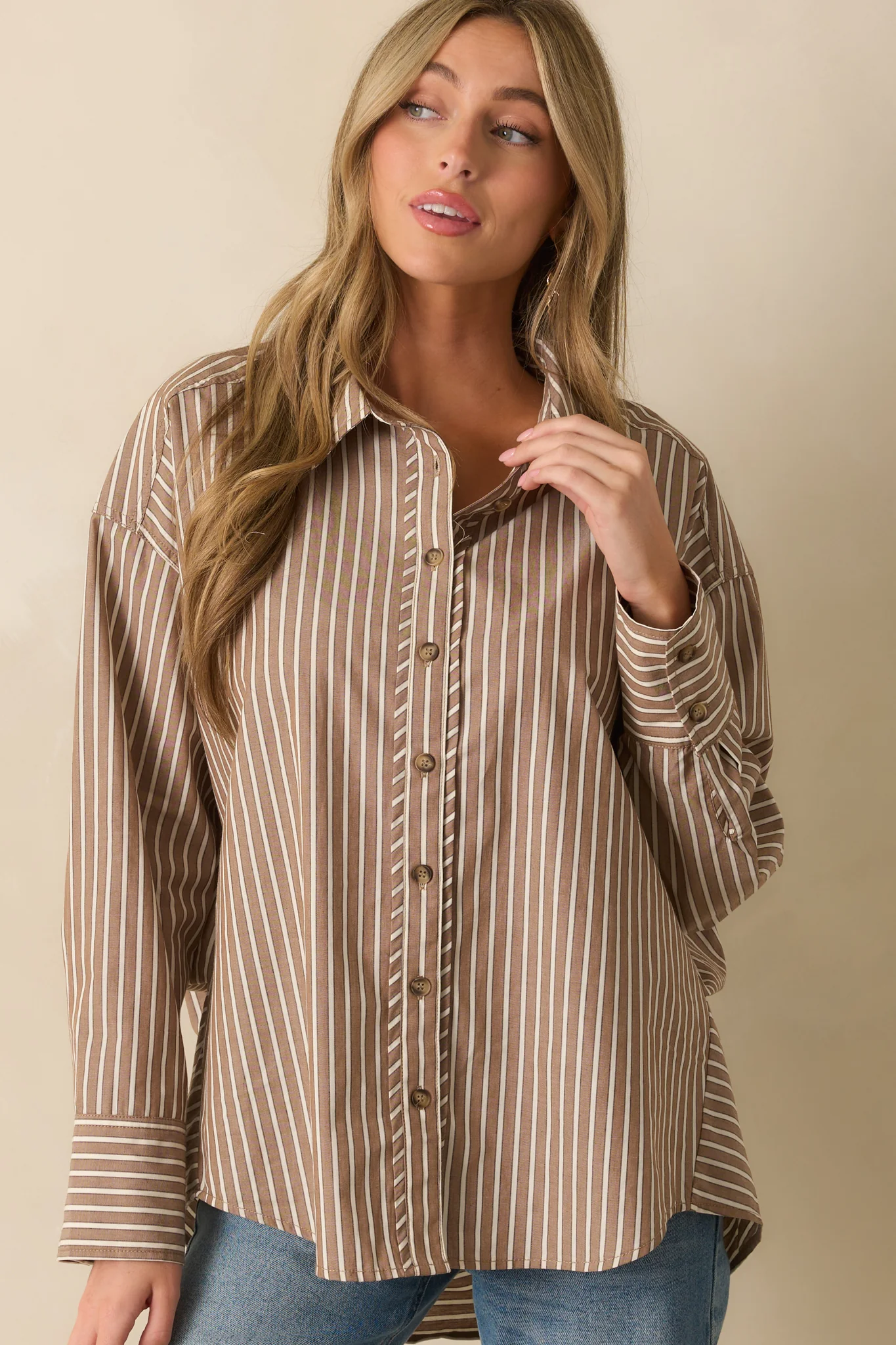 Just What You Wanted Mocha Brown Stripe Cotton Button Up Shirt