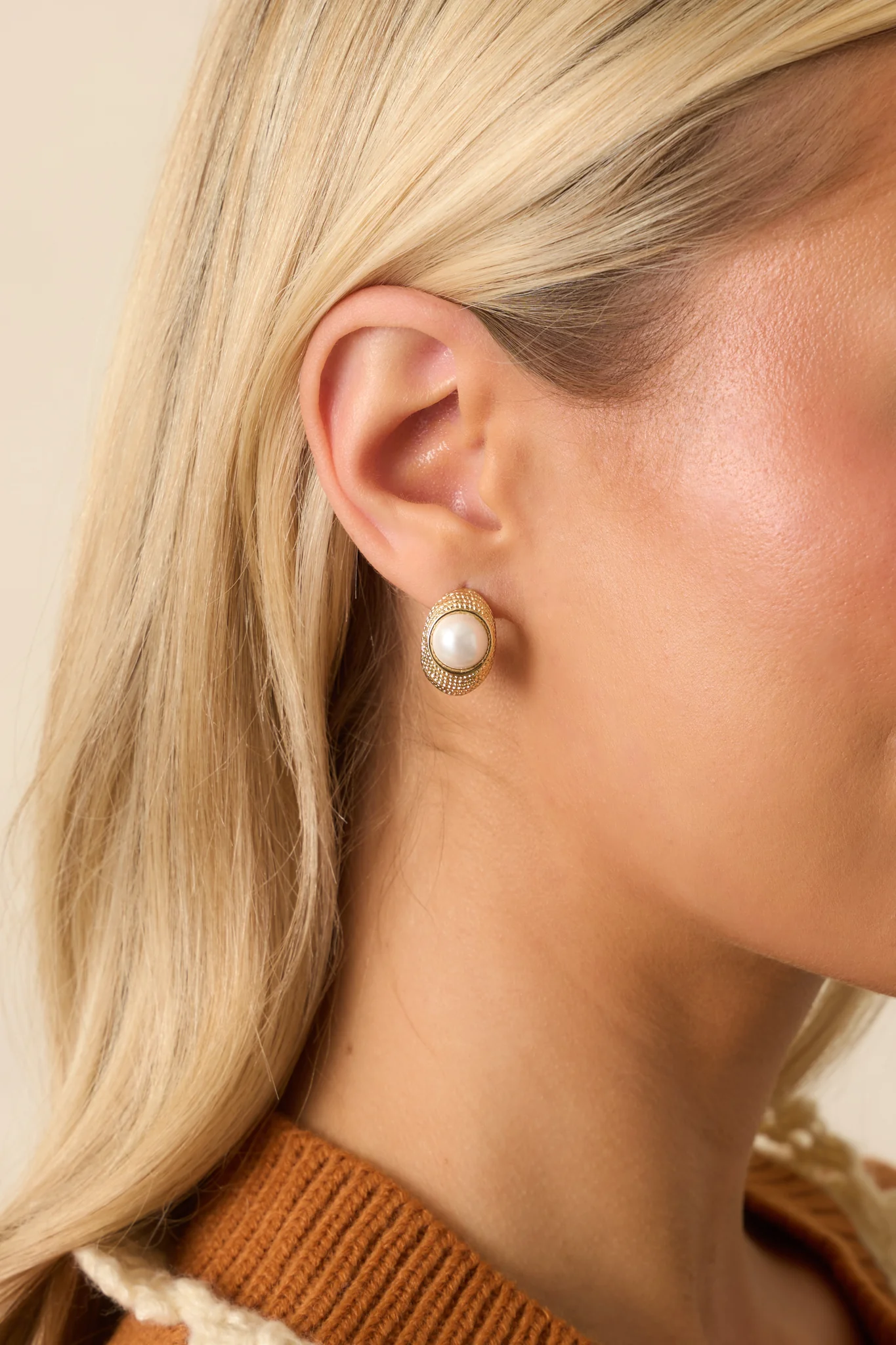 At Its Best Gold Textured Oval Pearl Hoop Earrings 2